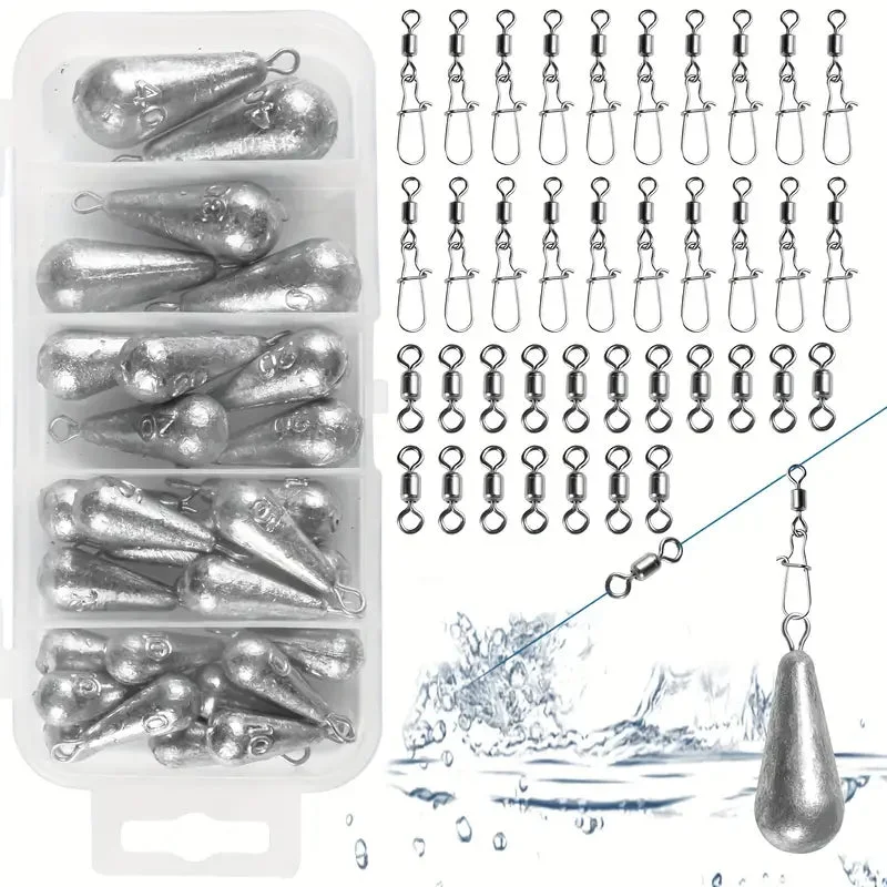 FAS Pro 66pcs Fishing Accessories - Mixed Size Lead Sinkers & Rolling Snap Swivels